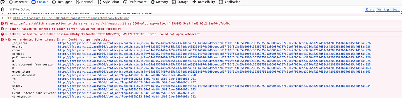 Failed to connect to Bokeh server: Could not open websocket error ...