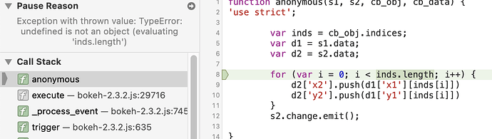 Image of JavaScript error in CustomJS showing up in browser debugging tool